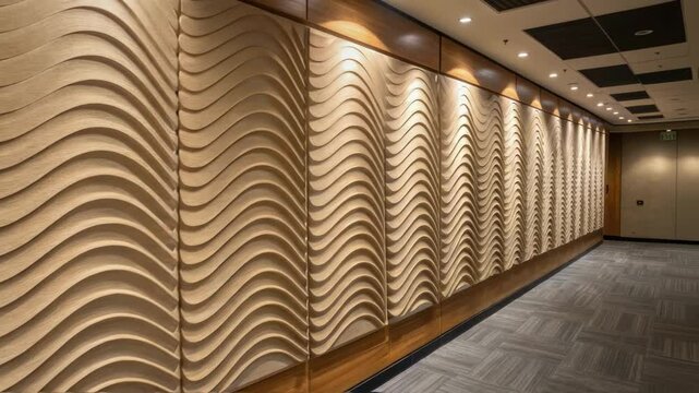 A medium closeup of the acoustic paneling on the walls designed to enhance sound quality featuring wave patterns that mimic celestial forms.