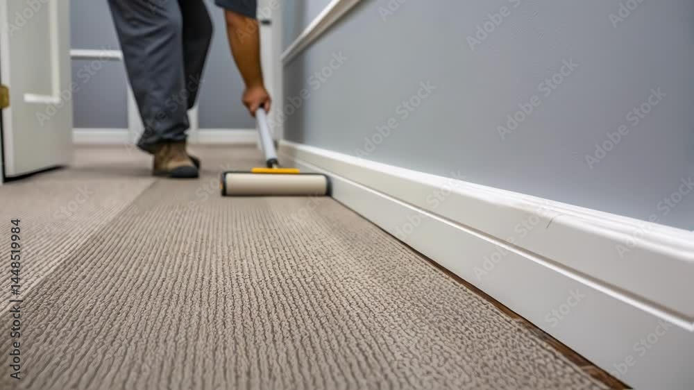 Poster a medium closeup revealing the installer smoothing the carpet edges with a special roller ensuring a