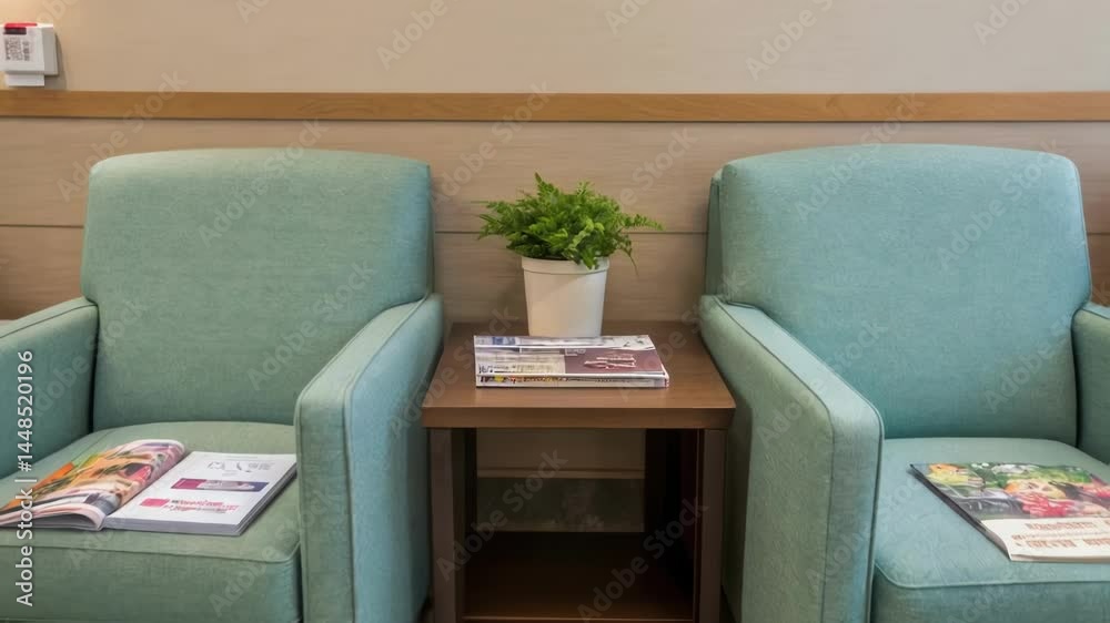 Poster a medium closeup shot of a cozy seating arrangement in a hospital waiting room showcasing plush armc