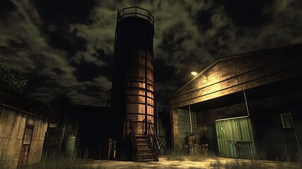 Obraz premium Rusty industrial water tower at night