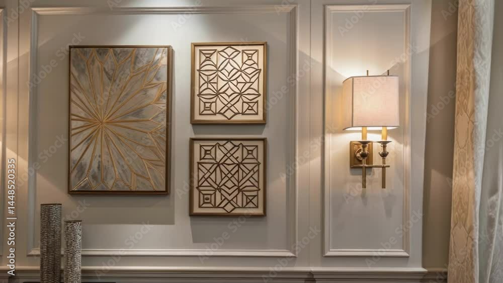 Poster a medium closeup showcasing decorative wall features including modern artwork and ambient sconces th