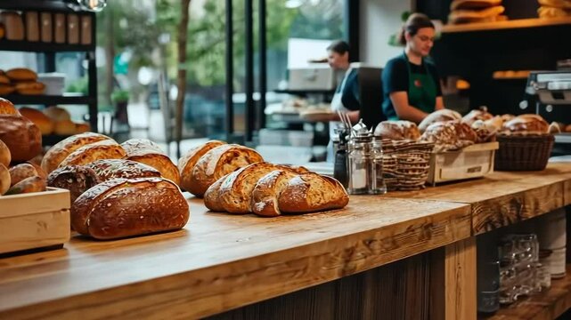 Freshly baked bread display in a modern bakery with busy staff arrangement