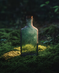 Charming Vintage Apothecary Bottle Captured in a Serene Mossy Forest Setting Bathed in Soft Light