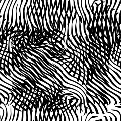 Abstract black and white seamless pattern with wavy distorted lines and shapes. Vector illustration