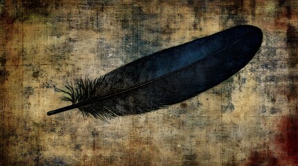 Dark Single Feather on Grunge Texture Background