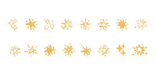 Glimmering set collection of hand drawn gold sparkles and stars vector illustration. Decorative flair, magical themes retro minimalist design elements