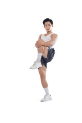 Portrait of muscular Asian man in sportswear working out on white background