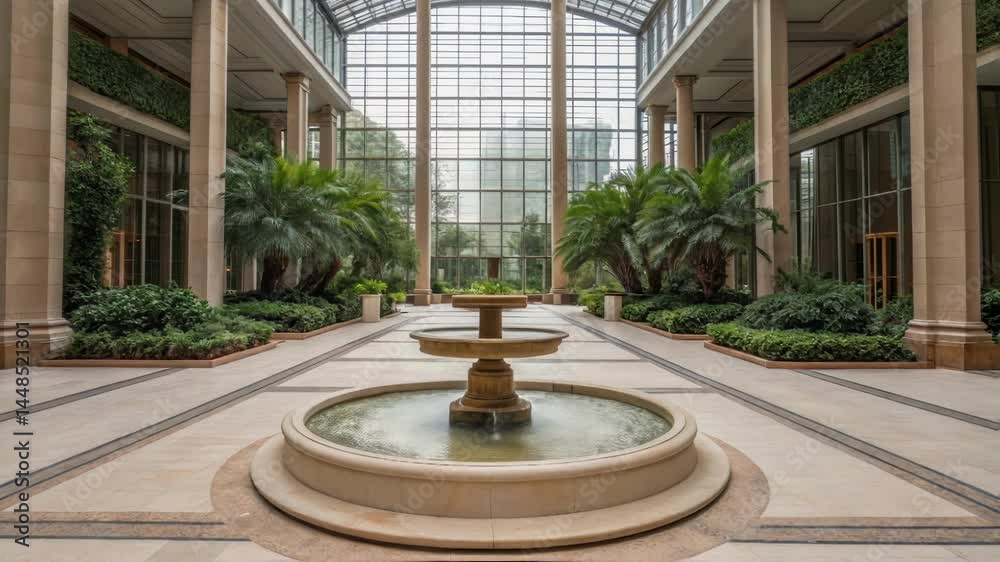 Poster An expansive view showcasing a central atrium fountain surrounded by wide pathways creating an open feeling while helping to diffuse pedestrian congestion.