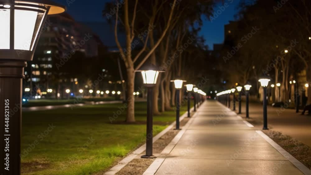 Poster A nighttime shot showcasing a row of illuminated solar streetlights casting soft light on a walking path creating a safe and inviting atmosphere in the public space.