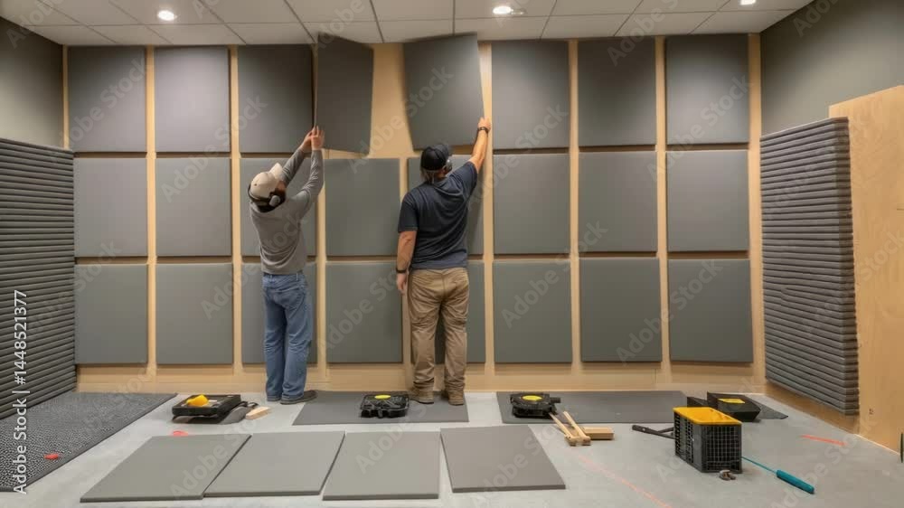 Poster An image capturing the installation of soundproof panels on the walls with workers carefully aligning materials and tools spread out on the floor emphasizing the attention to