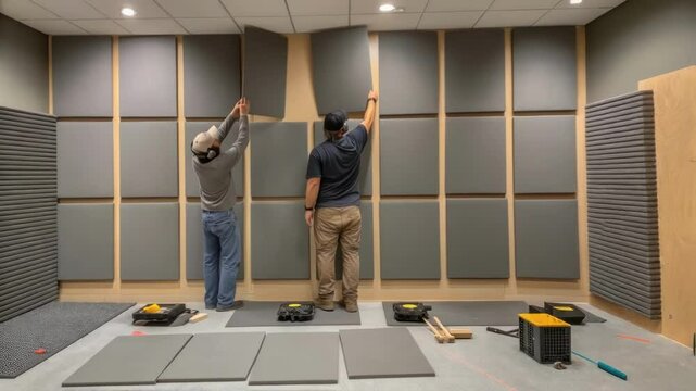 An image capturing the installation of soundproof panels on the walls with workers carefully aligning materials and tools spread out on the floor emphasizing the attention to