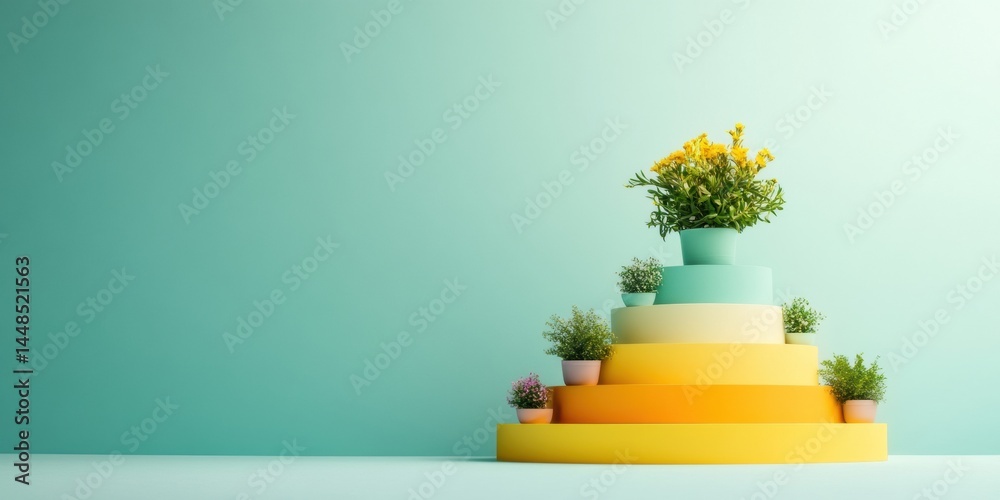Poster Gradient Growth Visualization Minimalist Tiered Plant Display Symbolizing Strategic Business Scaling, Innovation, and Entrepreneurial Progression in Pastel Color Palette