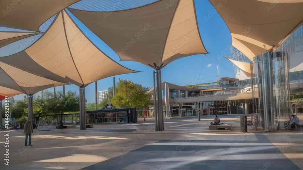 Poster An innovative shade structure featuring dynamic fabric canopies providing shelter over an open plaza with playful light filtering through the folds creating a lively atmosphere.