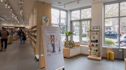 An innovative gift shop showcasing sustainable products with displays made from recycled materials and emphasizing ethically sourced wildlifethemed merchandise.