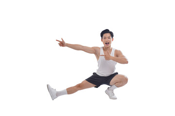 Portrait of muscular Asian man in sportswear working out on white background