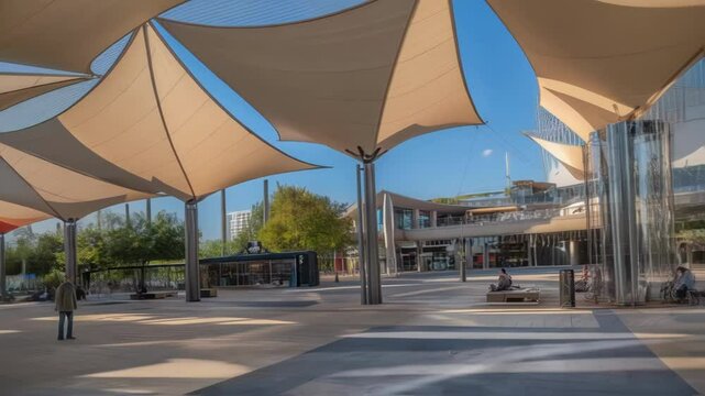 An innovative shade structure featuring dynamic fabric canopies providing shelter over an open plaza with playful light filtering through the folds creating a lively atmosphere.