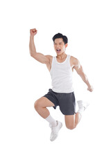 portrait of muscular asian guy in sportswear high jump posing on white background