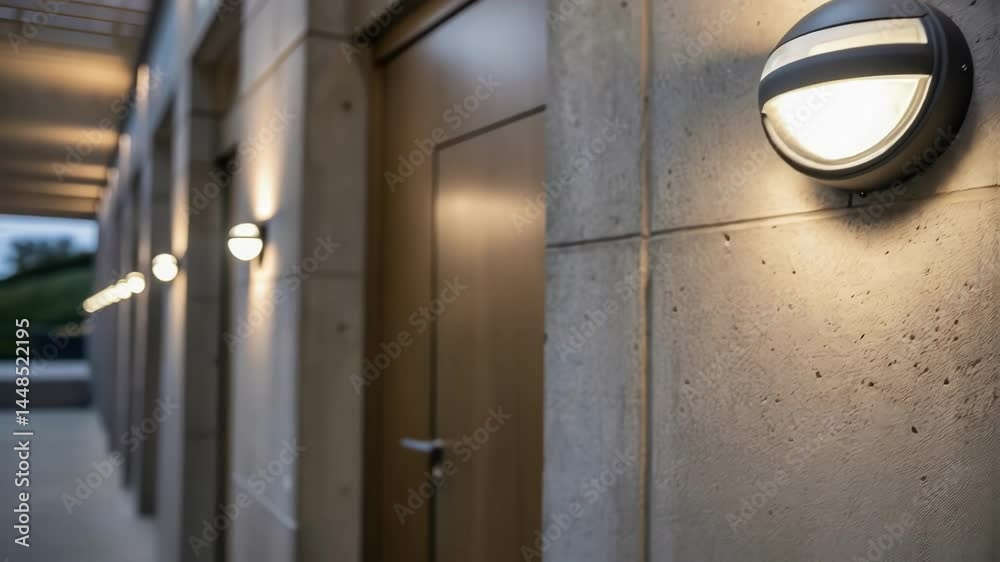 Aufkleber An upclose view of a newly installed motion sensor light with its sleek casing and the surrounding concrete walls flushed with the soft illumination of the fixture.