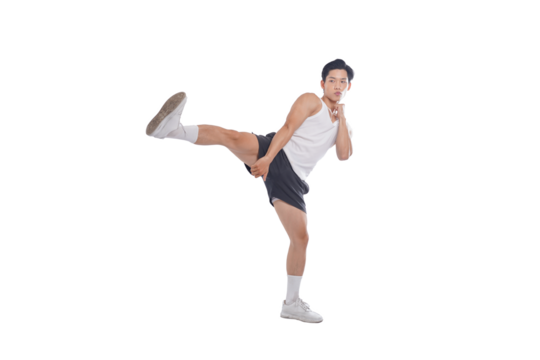 Portrait of muscular Asian man in sportswear working out on white background