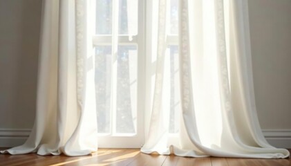 Flowing sheer white linen curtains, soft light , sheer curtains, bright