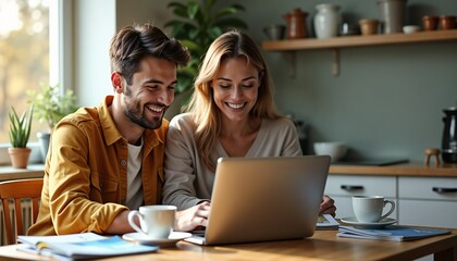 Happy couple booking airline tickets at home on laptop  
