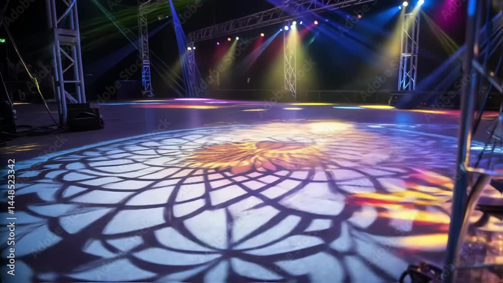 Poster Closeup of a creative light design projected onto the stage floor with vibrant colors blending together and casting dynamic shadows from the rig above.