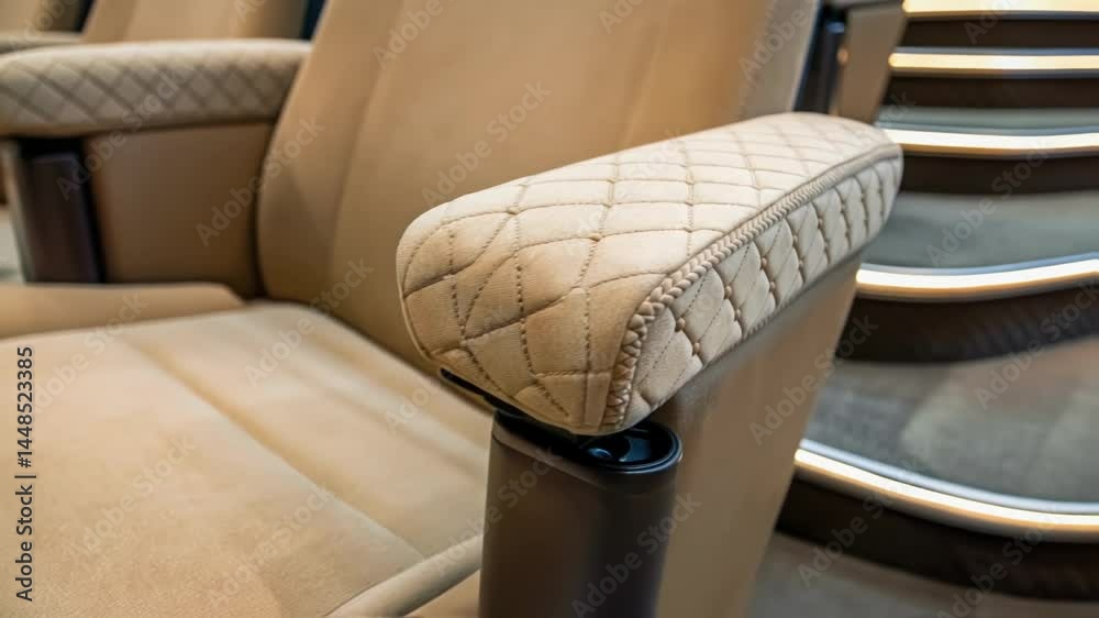 Aufkleber Closeup of a cushioned armrest being fitted onto a theater seat with the texture and stitching in sharp focus.