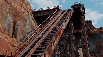 Obraz premium Rusty metal stairway ascending rock face