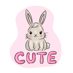Obraz premium Cartoon bunny illustration with pink cheeks and cute text on pink background. Vector illustration