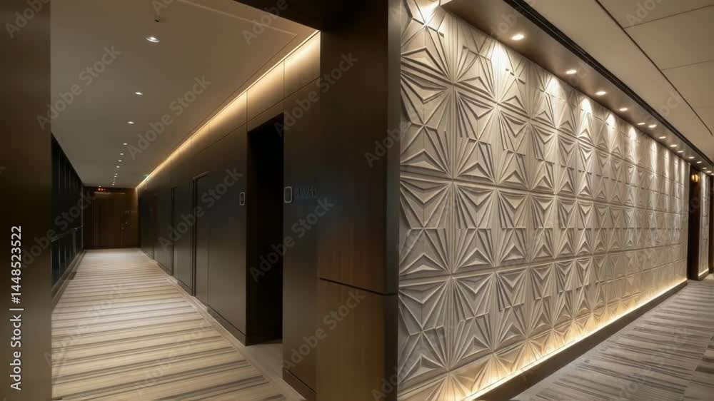 Aufkleber Closeup of a feature wall with a monochromatic geometric pattern emphasizing the clean lines and sharp angles that evoke a modern artistic feel in the foyer.