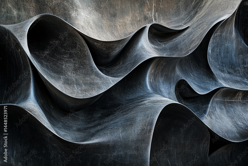 Poster Dark gray textured surface with abstract wave-like forms creating a dynamic and powerful visual, showcasing depth and movement