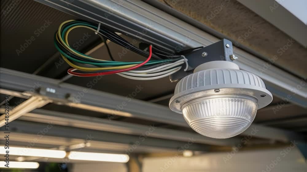 Poster closeup of a motion sensor light fixture glistening under artificial garage lighting with wires neat