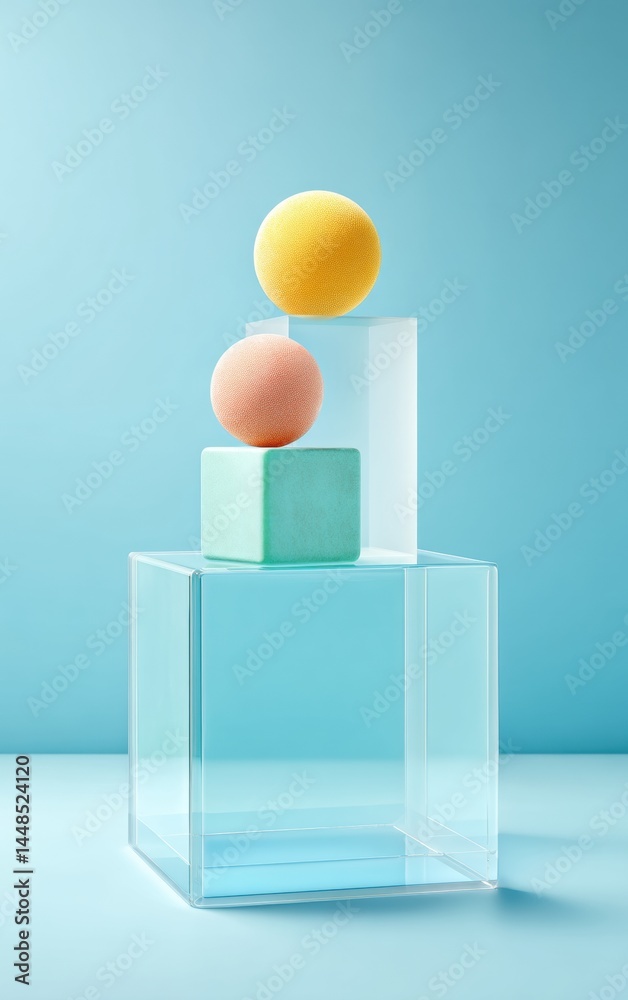 Poster minimalist color theory geometric balance and soft pastel spheres on translucent crystal platforms -