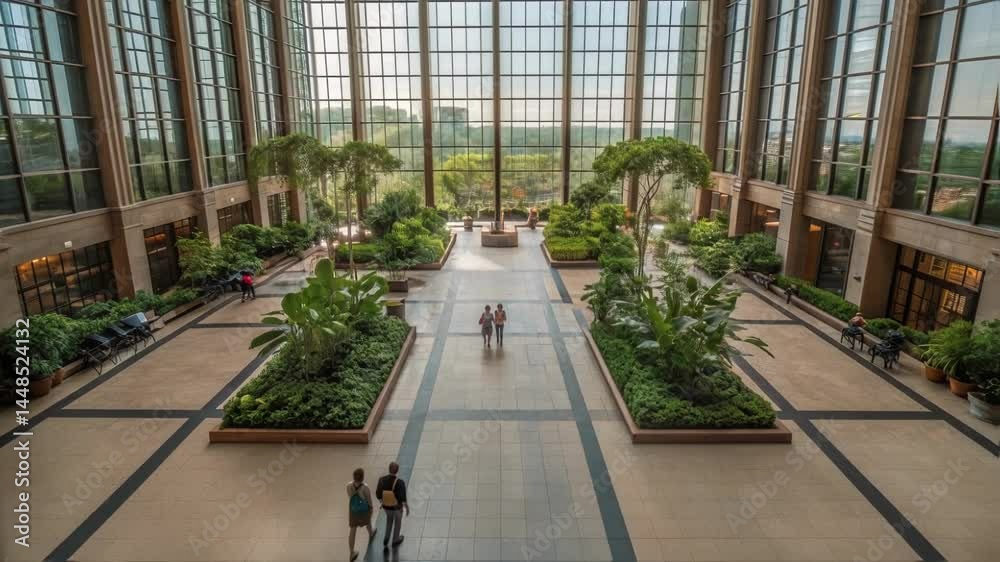 Poster a breathtaking atrium with large glass panels bringing in natural light complemented by indoor plant