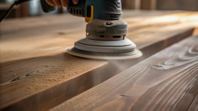  the rustic grains of the wood are highlighted as the power sander glides over its surface.