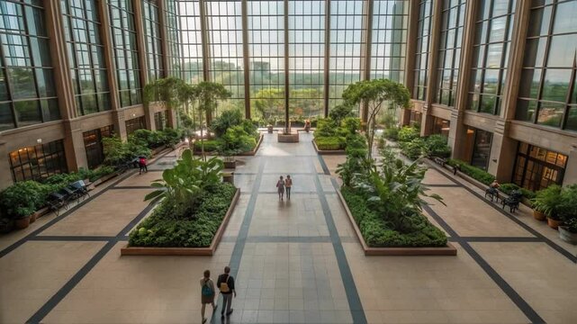 A breathtaking atrium with large glass panels bringing in natural light complemented by indoor plants that create a calming environment amidst busy foot traffic.