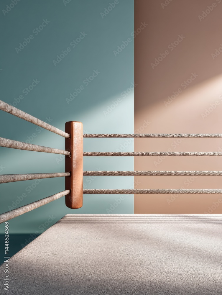 Poster minimalist boxing arena contemporary spatial design capturing pre-fight tension with monochromatic a