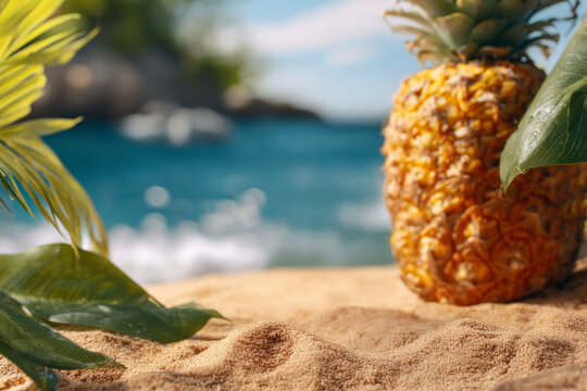 Tropical pineapple on sandy beach with ocean waves and green leaves in summer sunlight