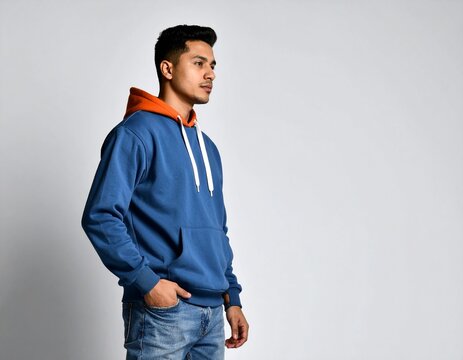 Streetwear-style hoodie mockup, side angle, casual young model, trendy fashion colors (denim blue, off-white, burnt orange), perfect for print showcase