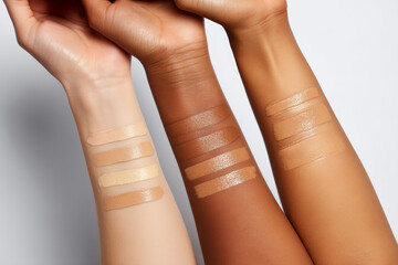 Three arms with diverse skin tones showing foundation swatches in neutral lighting