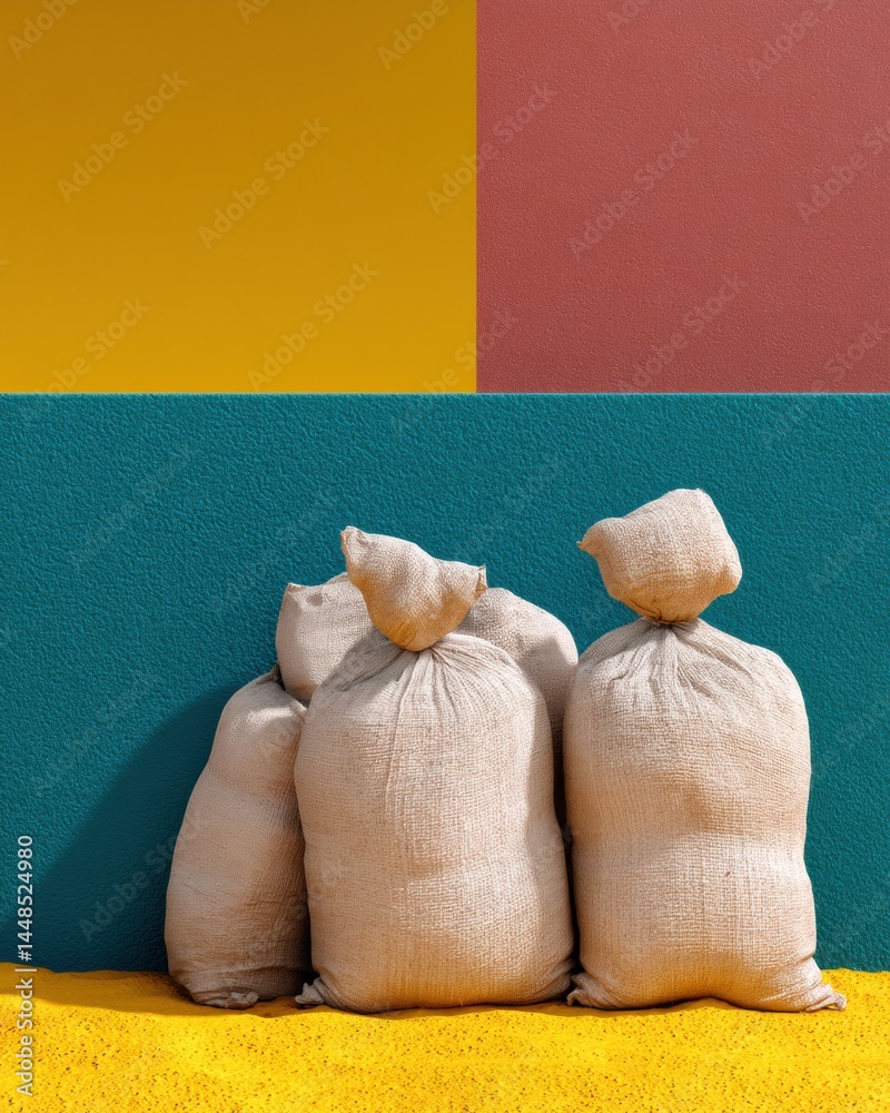 Aufkleber climate resilience visualization minimalist sandbag barrier with bold color blocking - innovative em