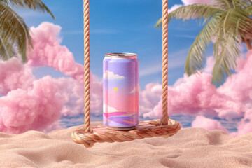 Tropical drink can with dreamy pastel gradient on beach swing, surrounded by pink clouds