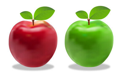 Realistic red and green apples with leaves, fresh fruit vector illustration, healthy food and nutrition design for print and digital use.