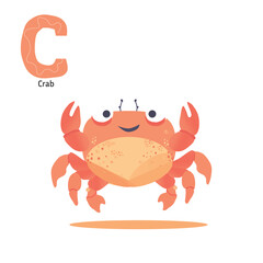 Letter C with cartoon crab cute character flat vector illustration,for the design of postcards, books, leaflets,poster, banners, birthday invitations. 