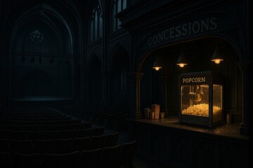 Obraz premium Gothic Amphitheater Concession Stand with Glowing Popcorn Machine