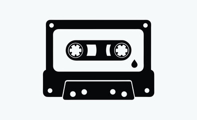 Cassette tape silhouette, retro audio icon, vintage music media, black tape illustration, old school cassette design