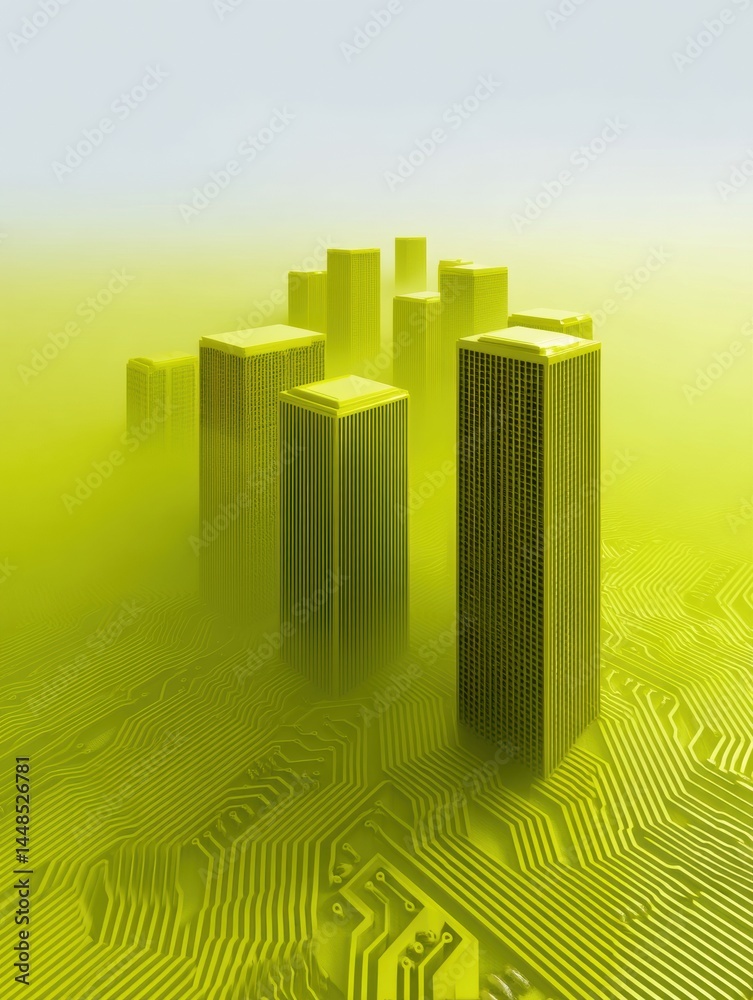 Aufkleber neon green digital metropolis emerging smart city architecture visualizing sustainable urban tech in