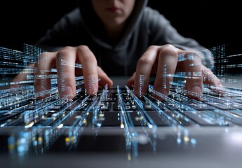 Person typing on keyboard with digital code overlays, symbolizing cybersecurity and hacking concepts.