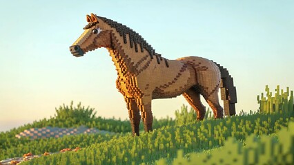 3d pixel art of horse on grass