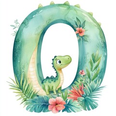 Watercolor abcd alphabet with dinosaur and leaf elements on white background – nursery wall art, preschool education, kids learning, fun animal poster for children concept.